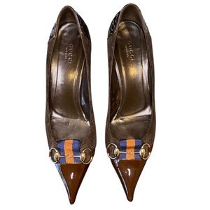 Gucci Brown Patent Leather & GG Monogram Suede Heels